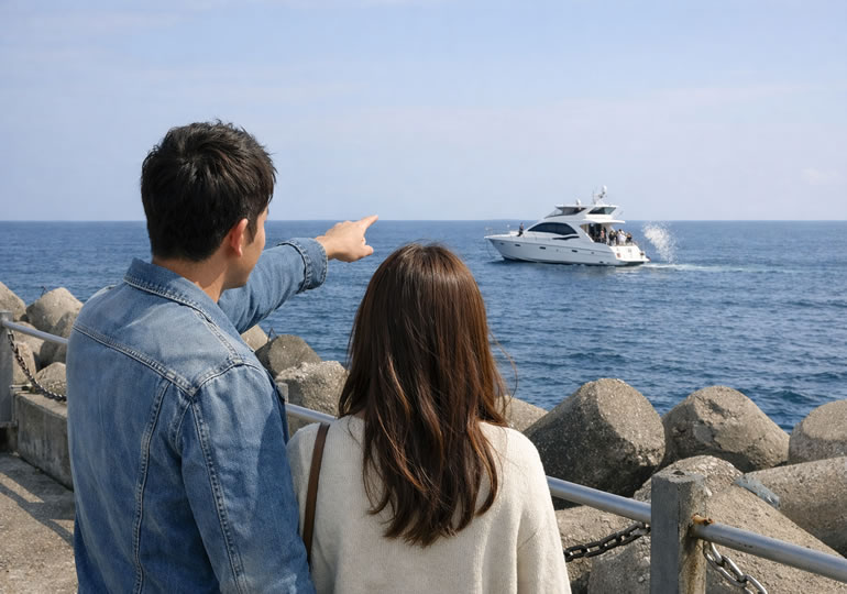 海洋散骨を眺めているカップル