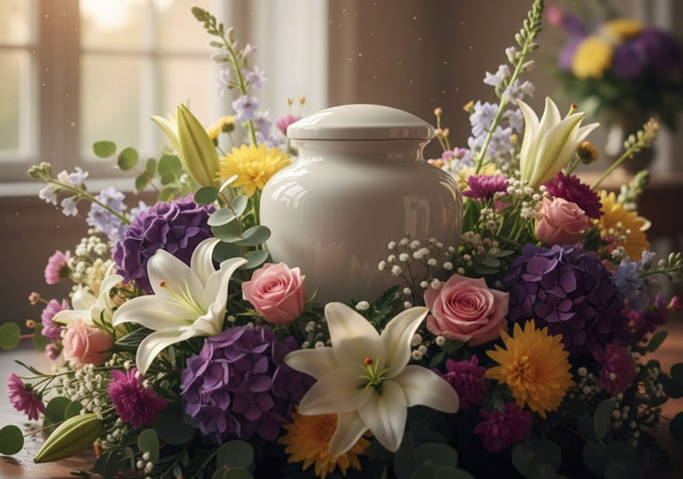 花に囲まれた骨壺