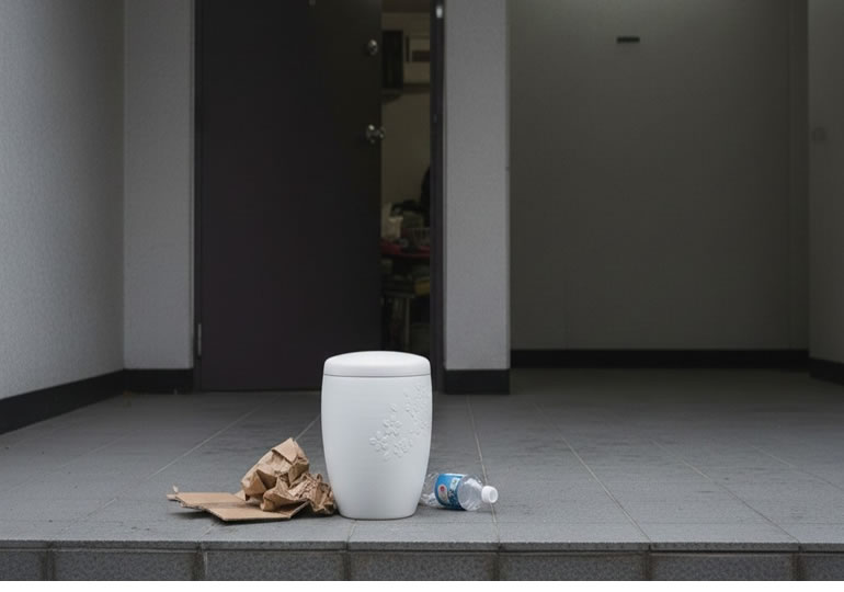 玄関の外に置かれた骨壺