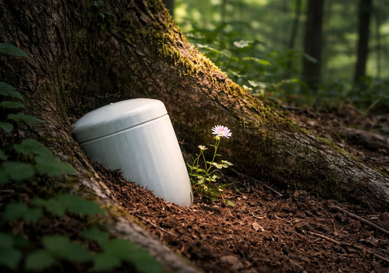 森の中に半分埋まっている骨壺と小さな花