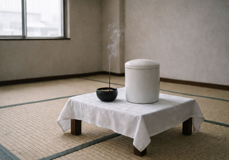 何もないアパートの部屋に置かれた骨壺とお線香