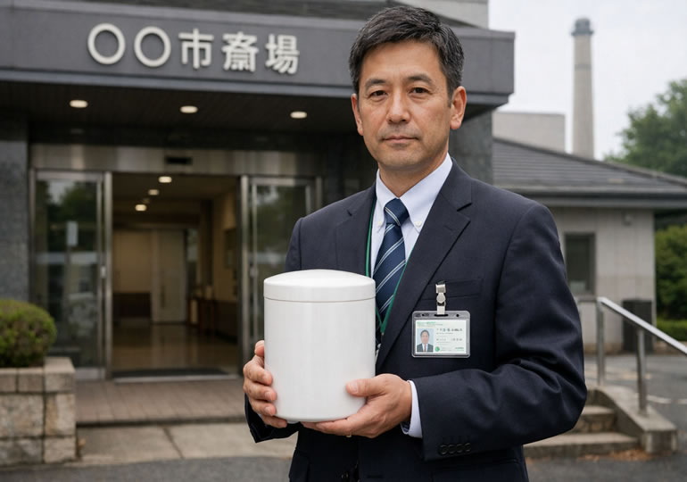 骨壺を持って立っている市役所職員