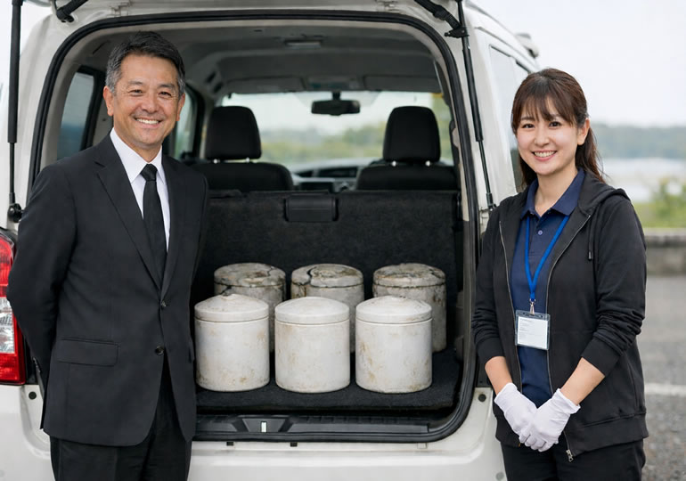 墓じまいの骨壺を引取りに来た散骨業者のスタッフ