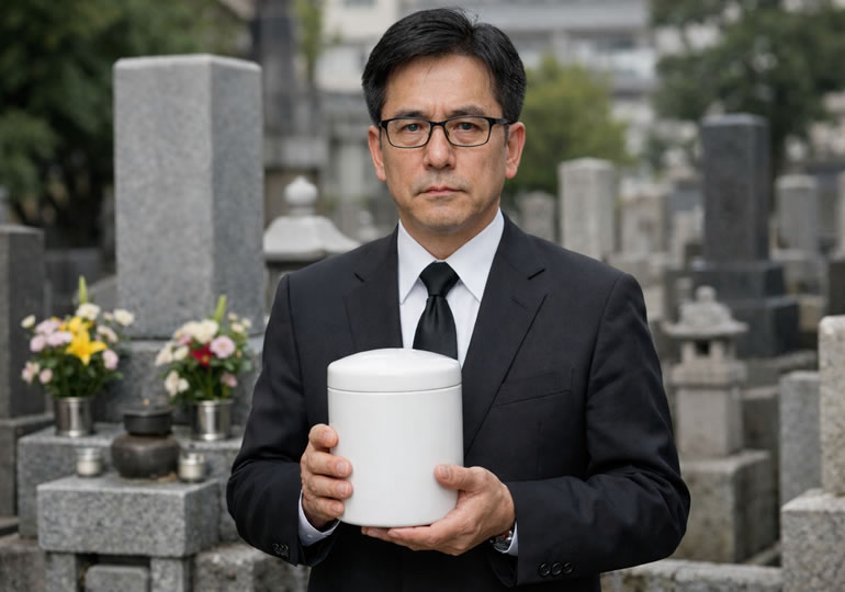 墓じまい後の改葬先に悩み骨壺を持つ中年男性