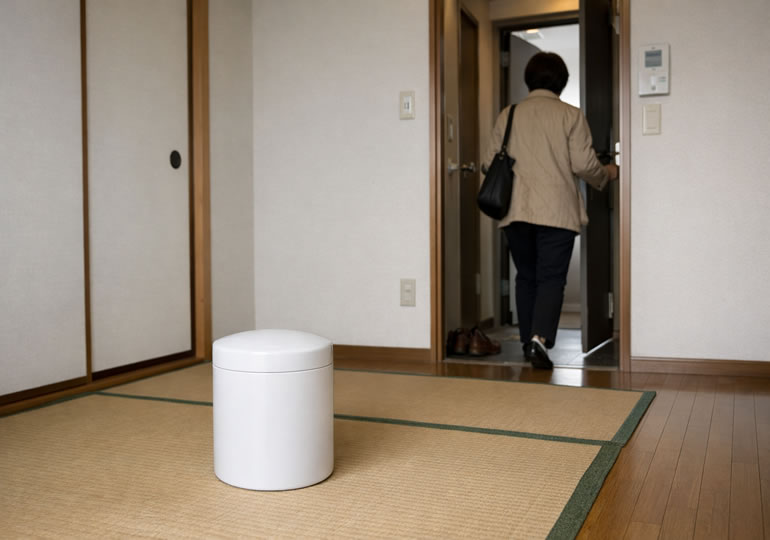 骨壺を残し部屋を出る女性の後ろ姿