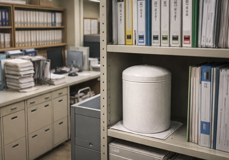 市役所の倉庫に置かれている骨壺