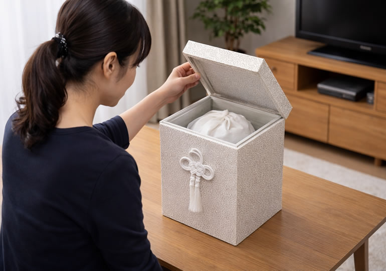 遺骨の入った骨壺を確認している女性