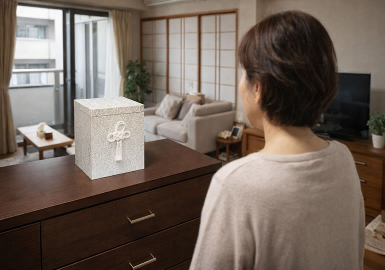 自宅にある骨壺を見つめる女性