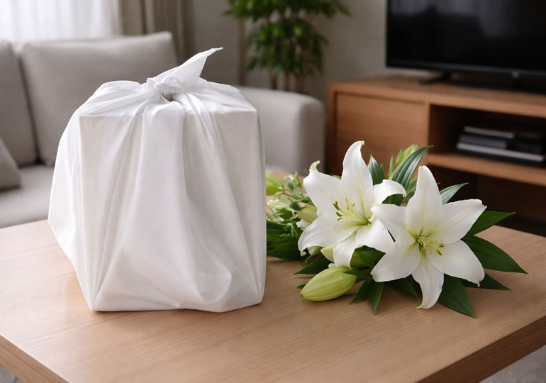 部屋に置かれた骨壺とユリの花