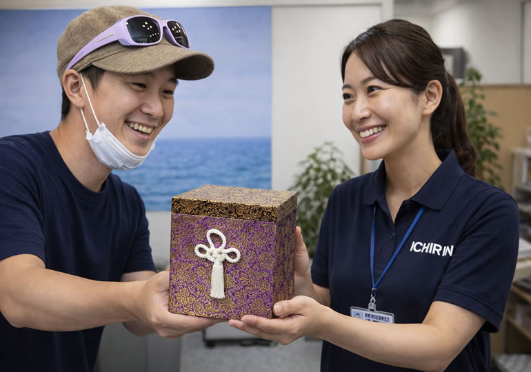 散骨業者に骨壺を渡している男性