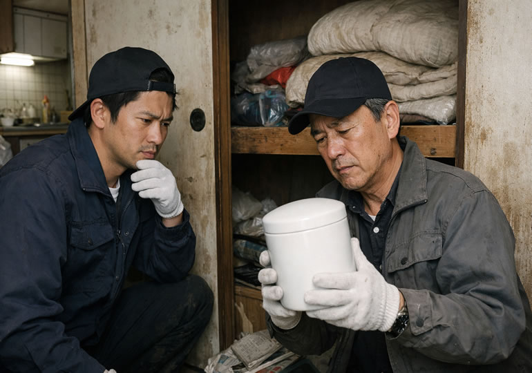 押し入れから骨壺を見つけた遺品整理業者の男性