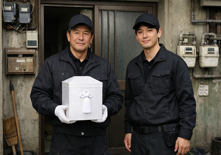 骨壺を持って立っている男性