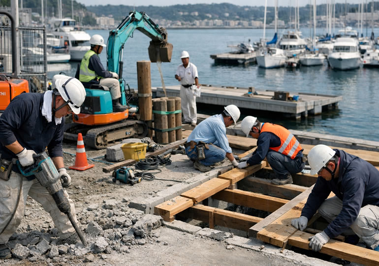桟橋を工事している作業員