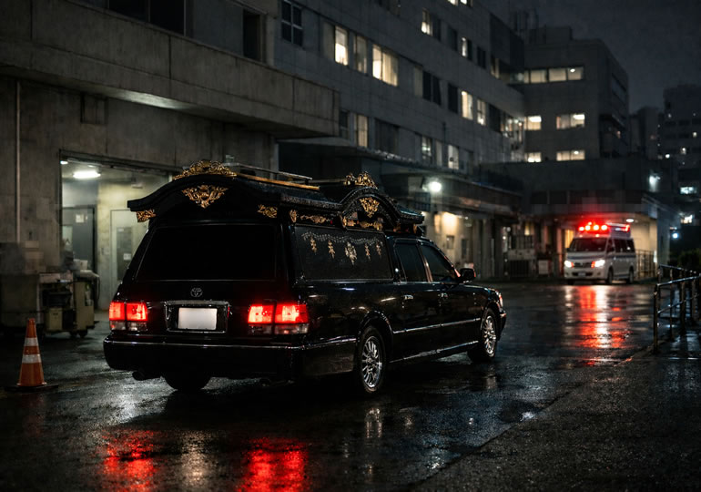 深夜の病院の裏口に停まっている霊柩車