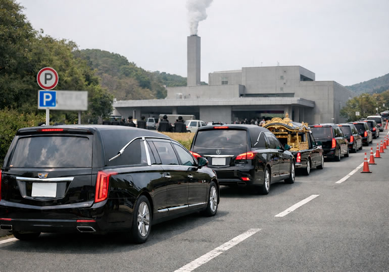 火葬場に並んで渋滞している霊柩車
