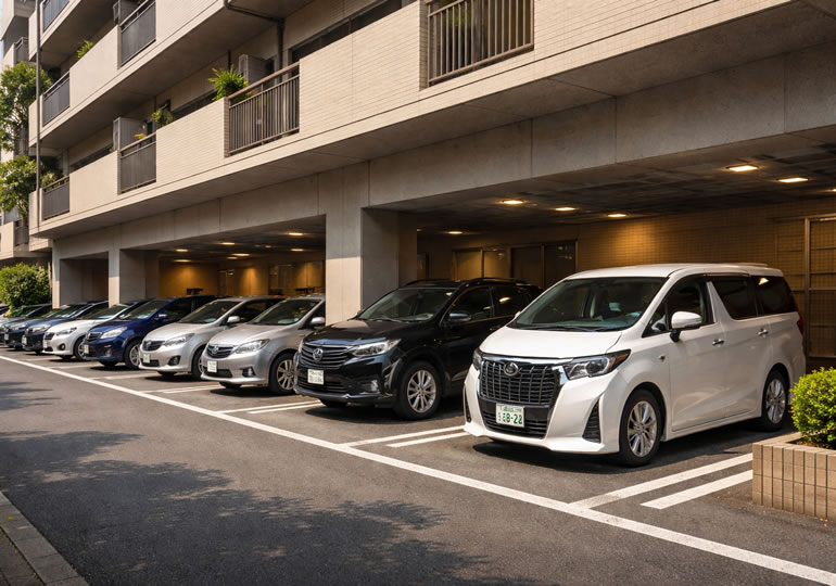 駐車場とアパートの風景