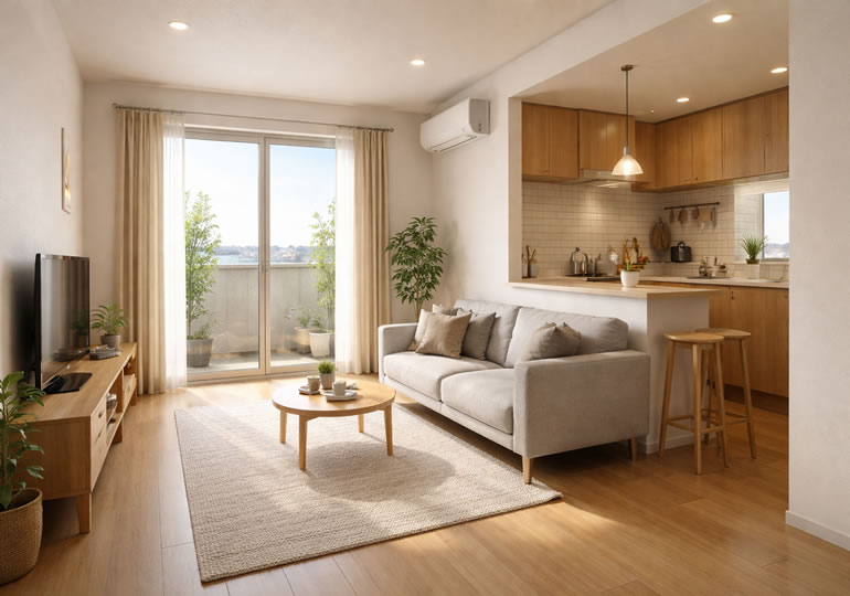 現代的な1LDKアパートメントのリビング