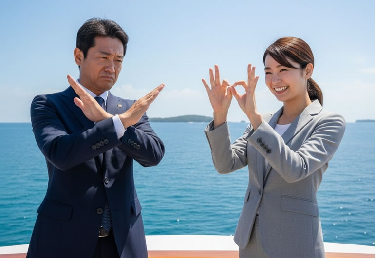 指でマルとバツのポーズをする市役所の職員