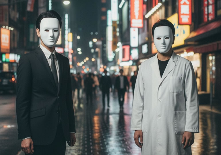 白い仮面をつけて正体が分からない二人組