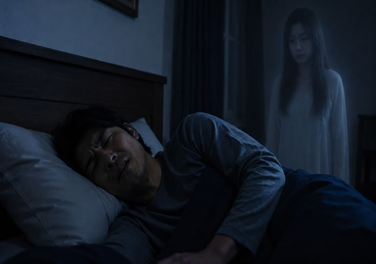 ベットの横に立っている白い幽霊のイメージ画像