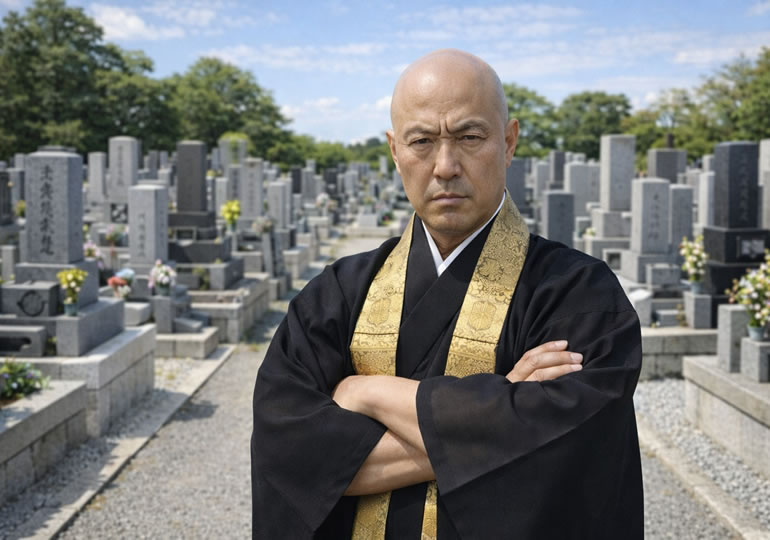 腕組をして怖い顔の住職