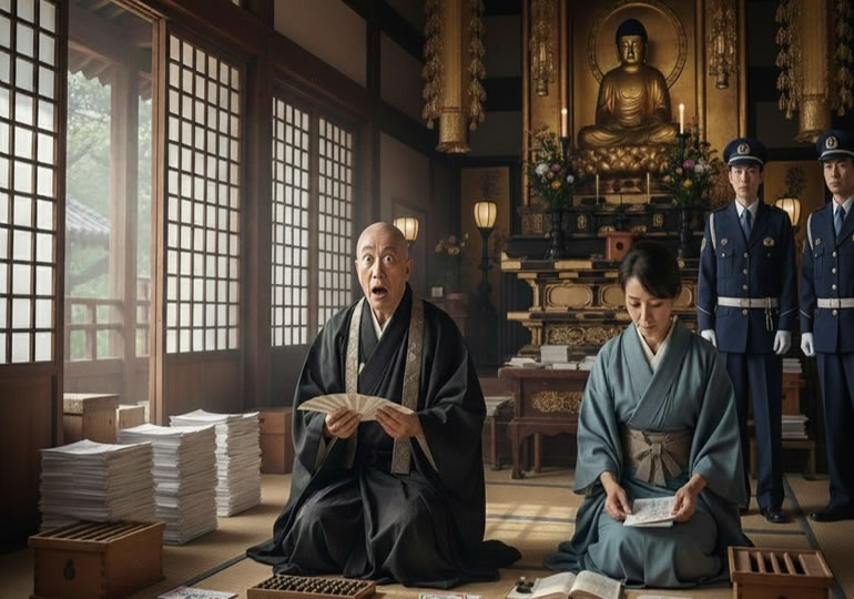 お寺の境内でお札を数える住職