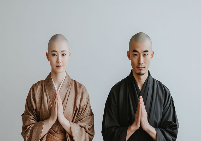 合掌する住職と尼さん