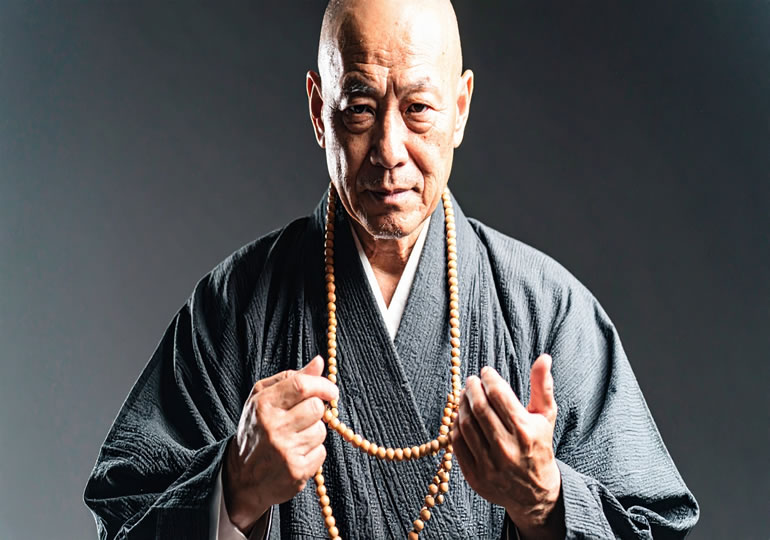 首から数珠を垂らしている住職