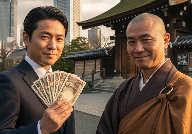 供養の説明を受ける遺族と僧侶