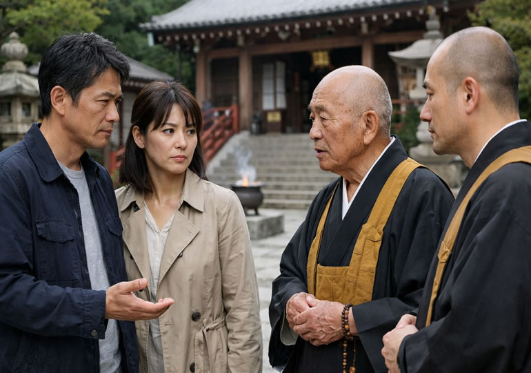 お寺の現状を確認に来た檀家の夫婦