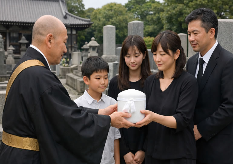 墓じまいした骨壺を家族に渡す住職