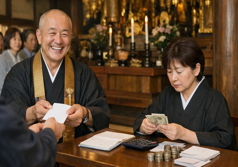 お布施の金額を計算しているお寺の事務員