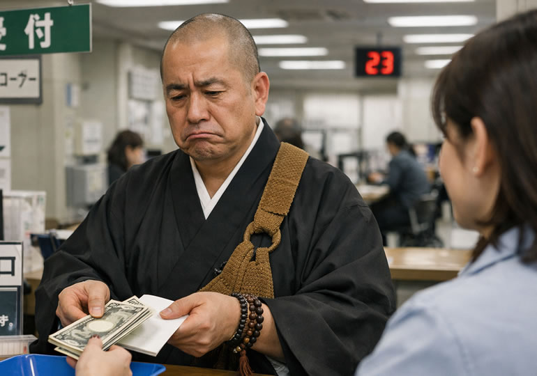税務署で税金を納めている男性