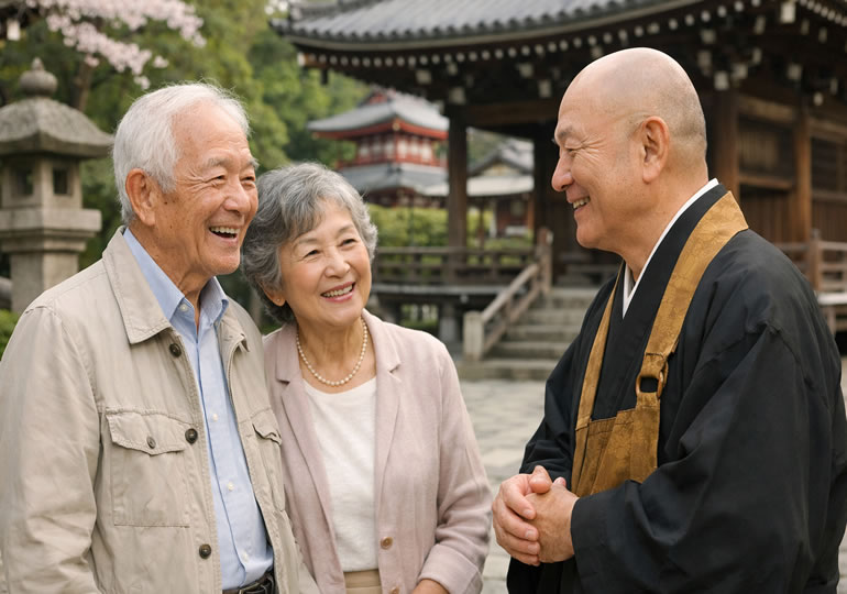 住職と話している檀家のイメージ画像