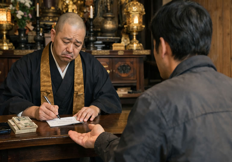 お布施の領収書を書く住職