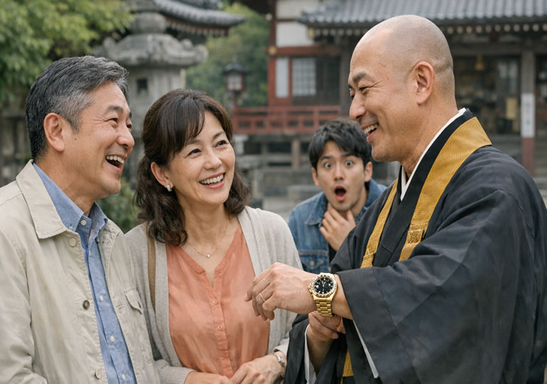 檀家と談笑している住職