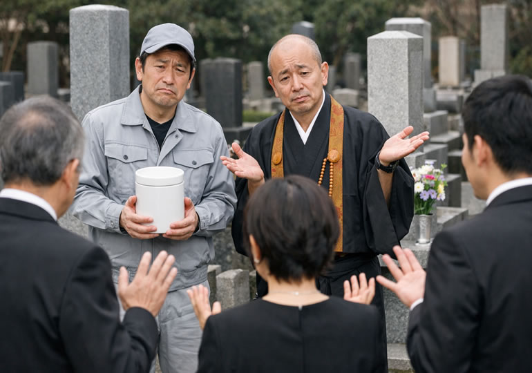 骨壺を抱えて悩んでいる家族