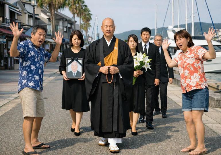 住職と一緒にマリーナを歩いている喪服姿の家族