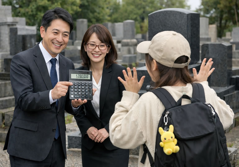 お墓の金額を聞いて驚いている若い女性の後ろ姿