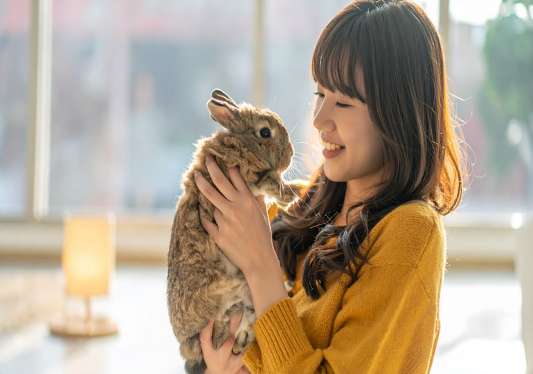 ペットも兎を抱え上げる女性
