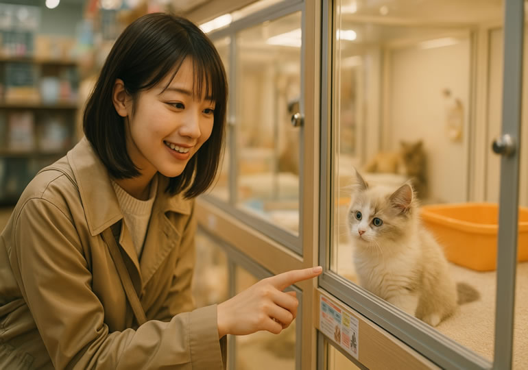 ペットショップで猫と遊ぶ女性
