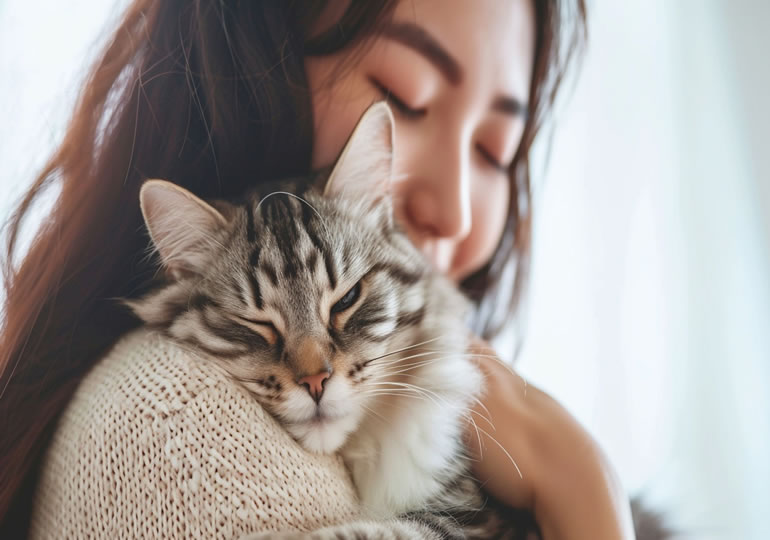 リビングで猫と抱く女性