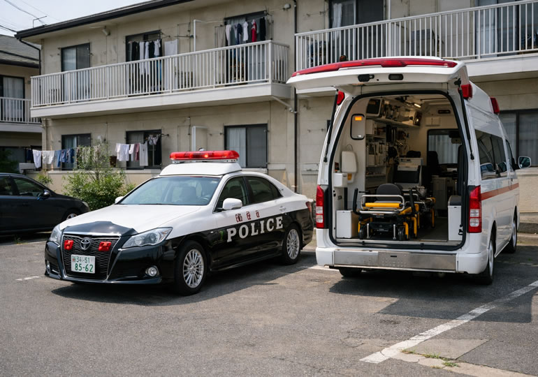 アパートの駐車場に止まっているパトカーと救急車