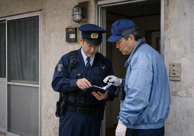 孤独死現場の打ち合わせをする警察と鑑識担当者