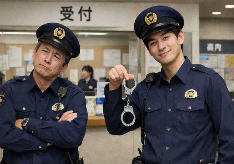 警察署の受付前に立っている二人の警察官