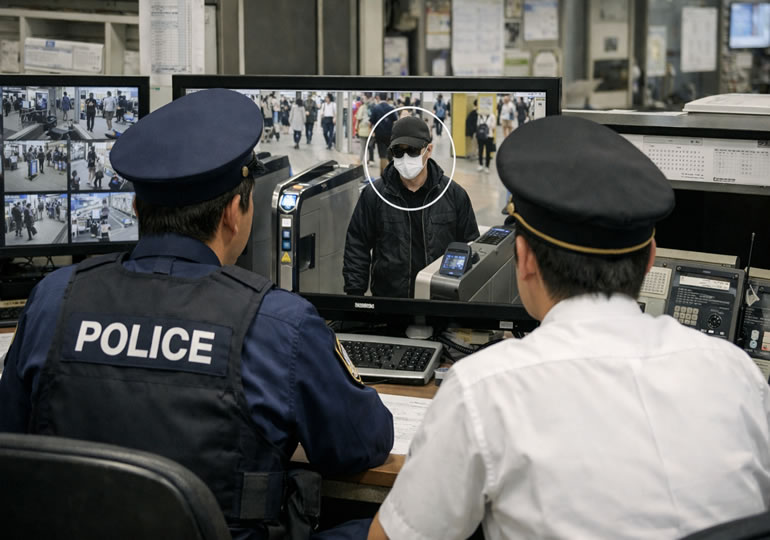 モニターで怪しい人物を探している警察
