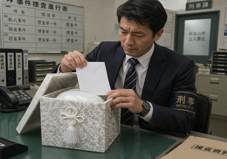 骨箱から書類を取り出す刑事