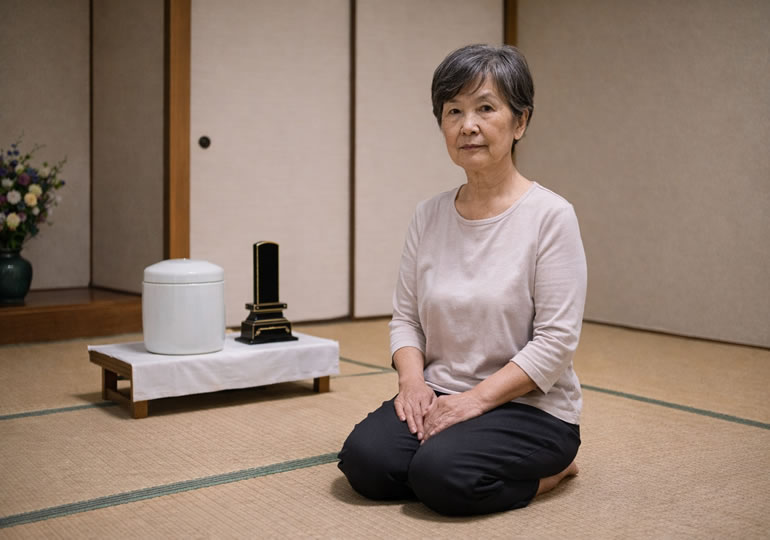 骨壺の横で正座している高齢女性