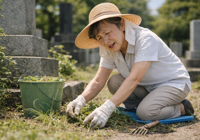 お墓の草むしりをする高齢女性