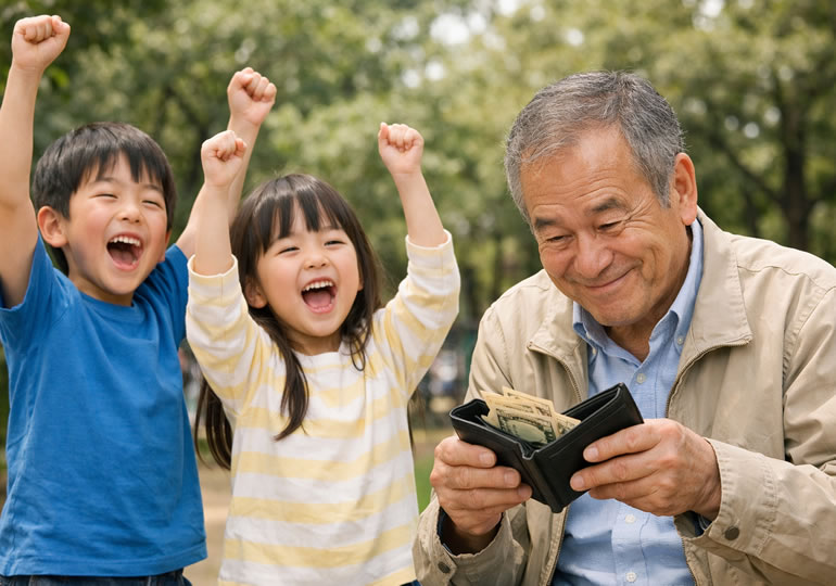 コストを抑えた費用で孫におもちゃを買ってあげる高齢男性